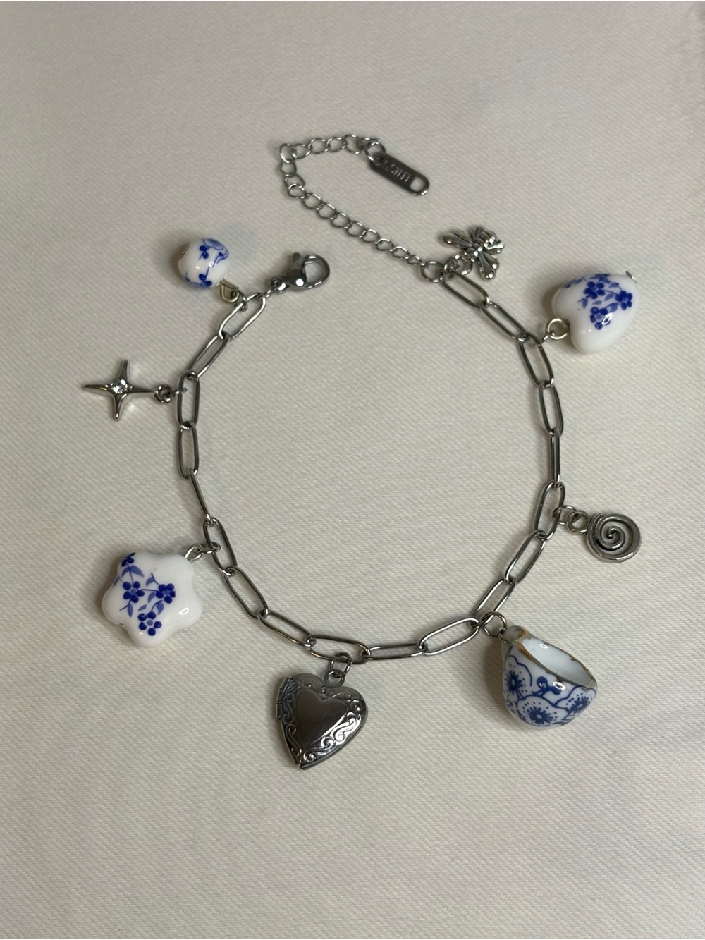 Handmade Silver Porcelain/Locket Charm Bracelet